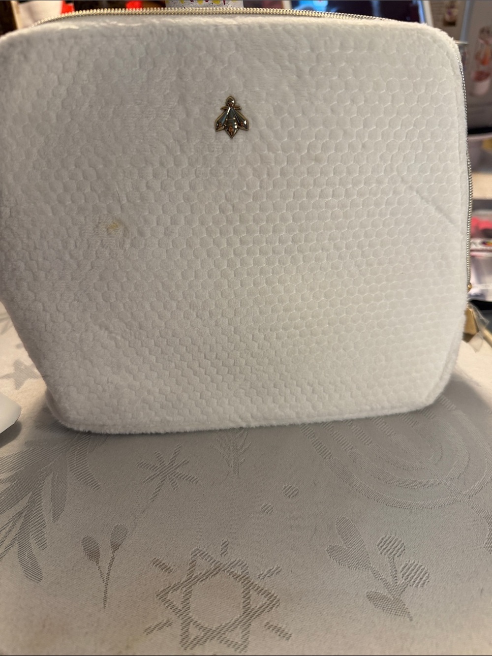 White Textured Cosmetic Bag with Gold Bee Accent
